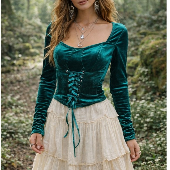 Thorn & Fable Tops - Womens Long Sleeve Lace Up Corset Top Size S Velvet Romantic‎ Goth Fairy Forest